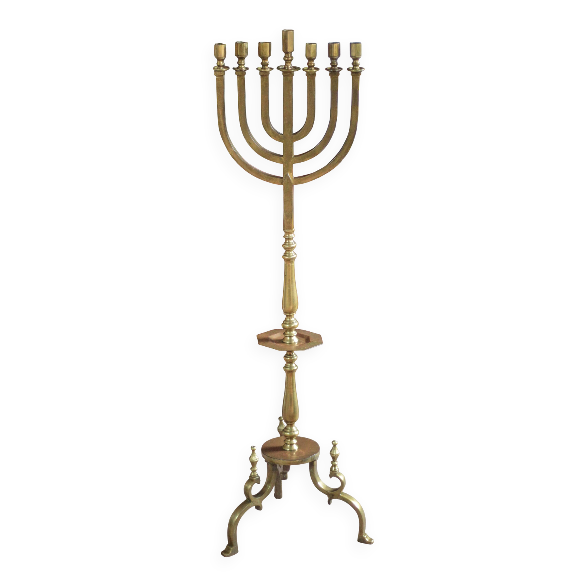 Golden bronze chandelier with seven arms, Menorah, candlestick on a stand, candelabrum.