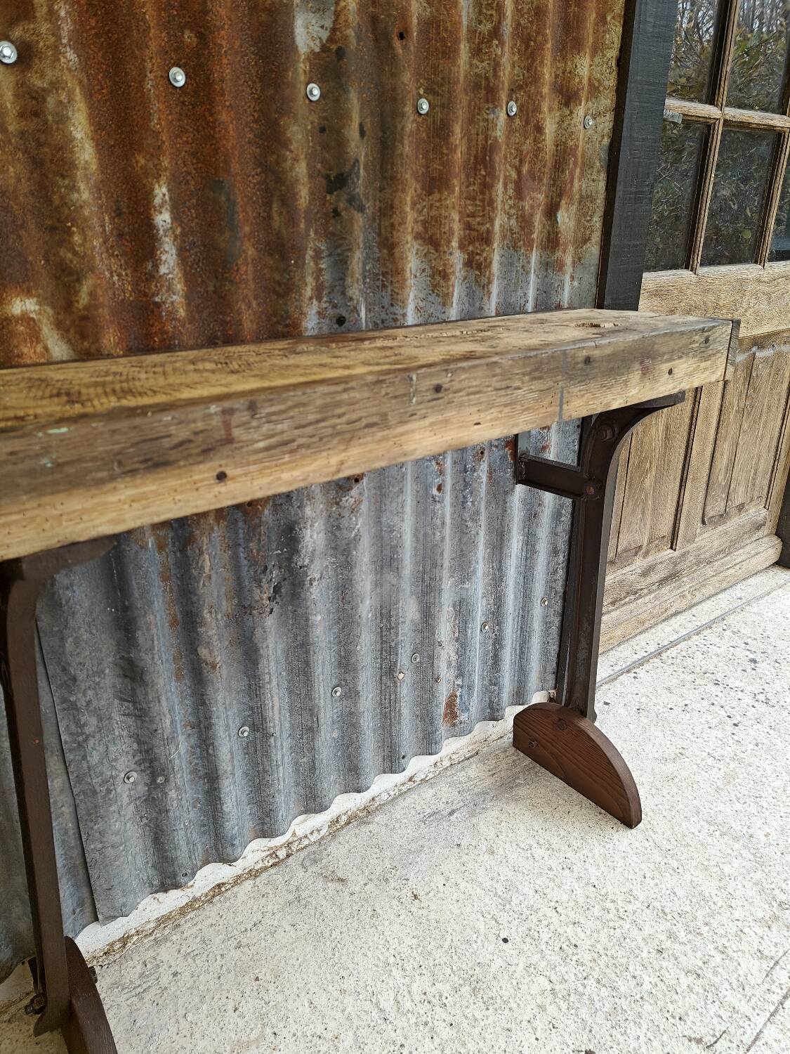 Wooden and cast iron workbench console