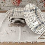 Set of 6 Gien France soup plates with blue checkered tea towel decoration