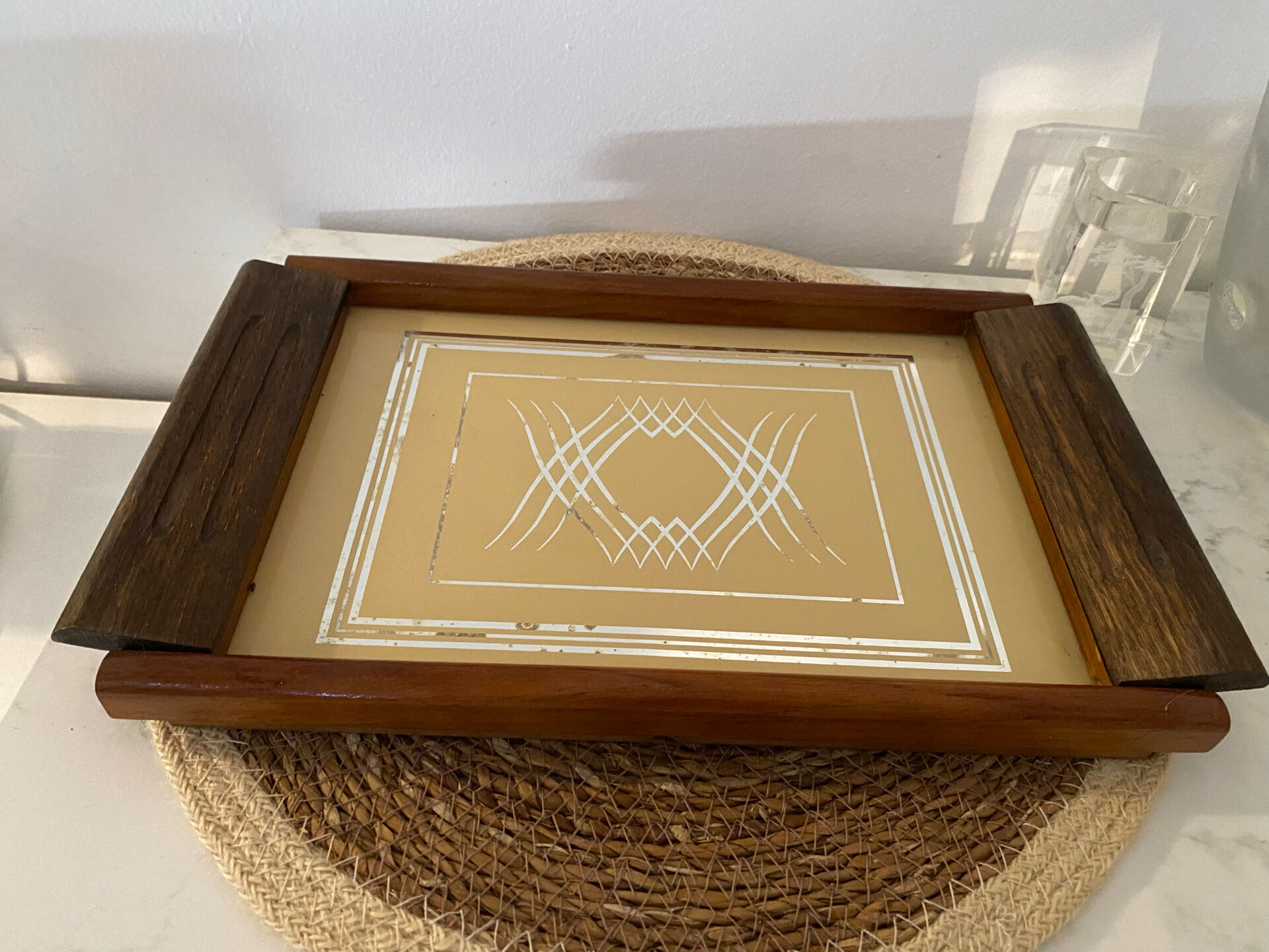Plateau de service vintage art déco / années 70 – bois & fond miroi