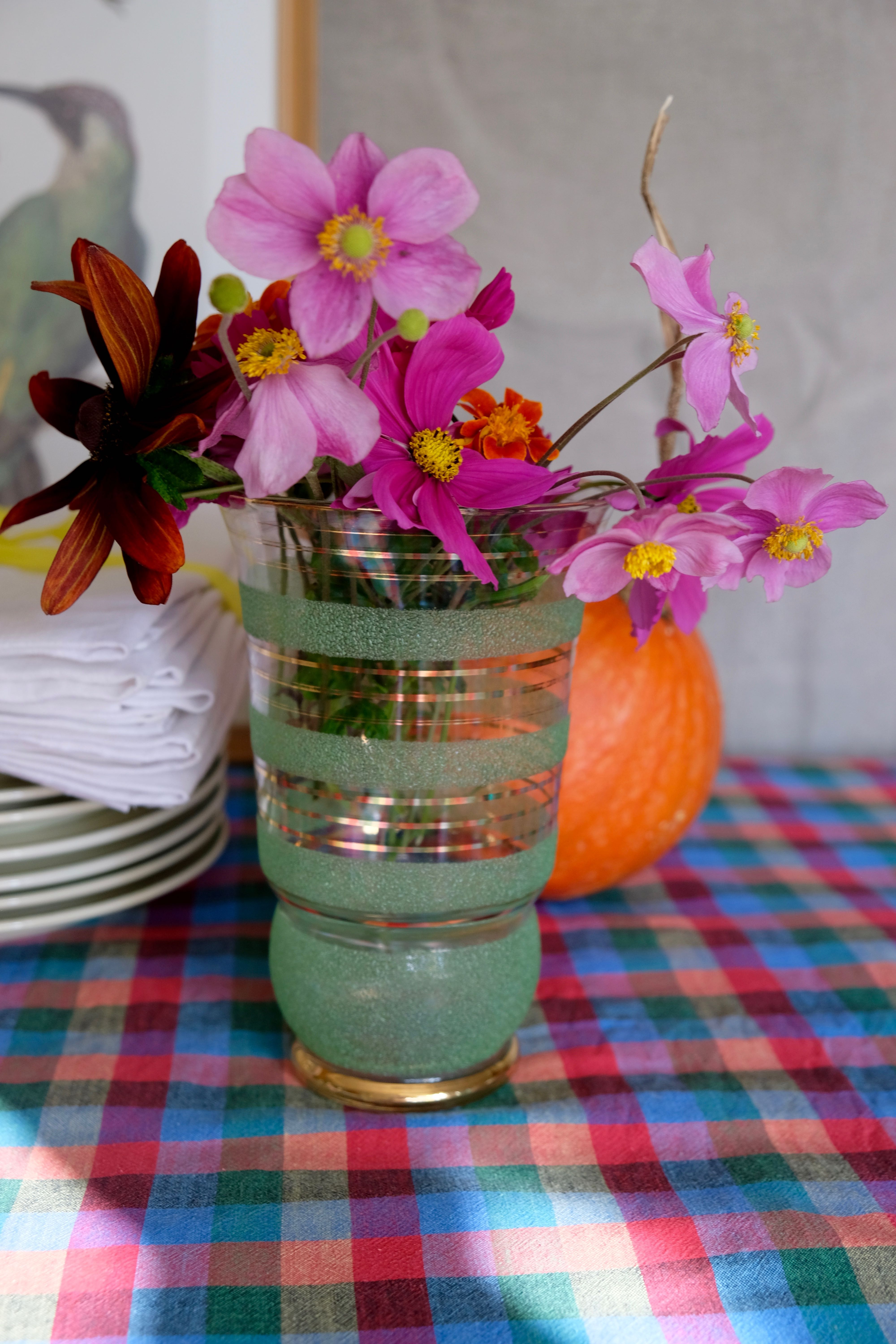 Granite glass vase almond green and golden 1950