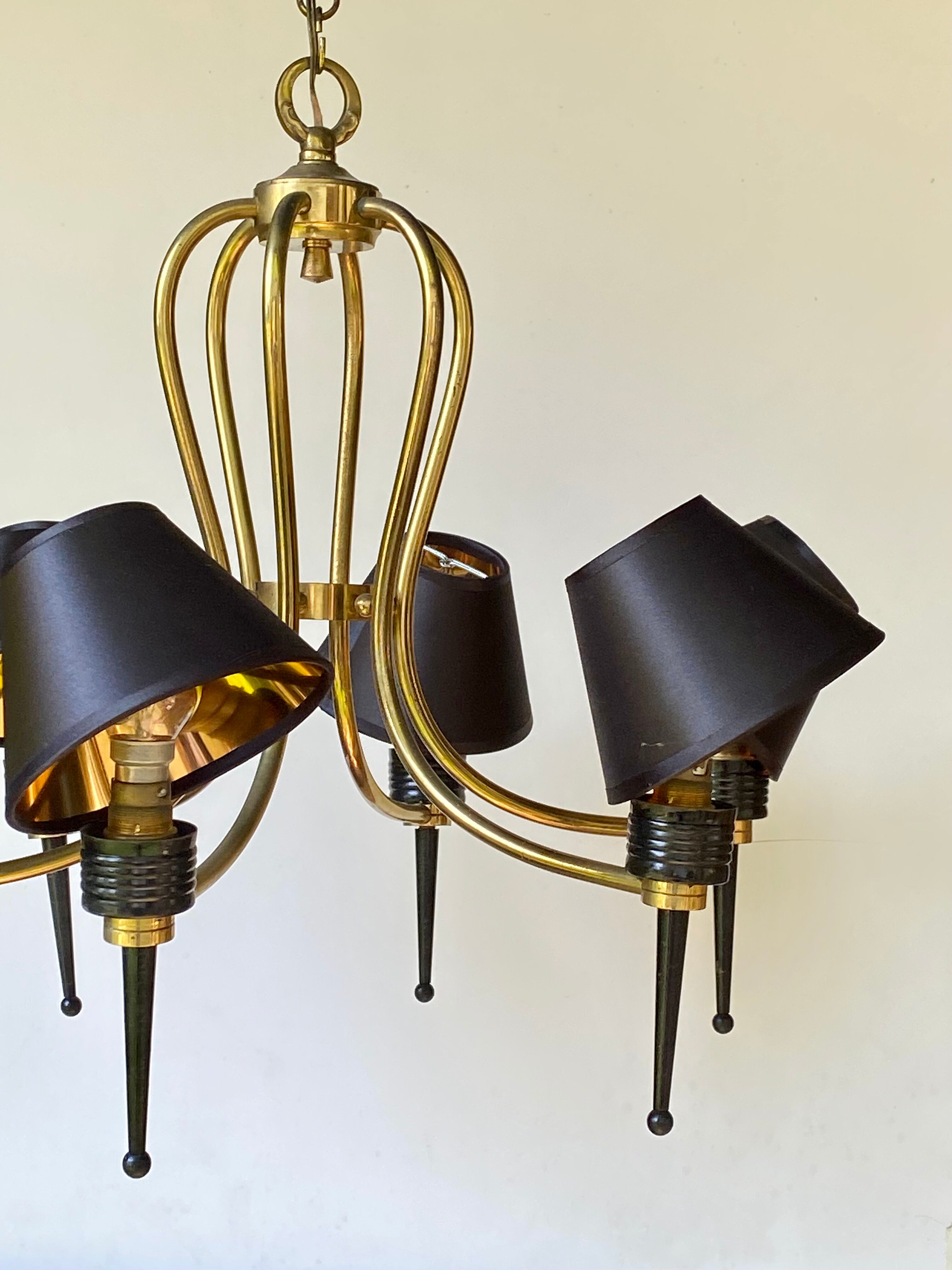 1950 six-armed brass cage chandelier