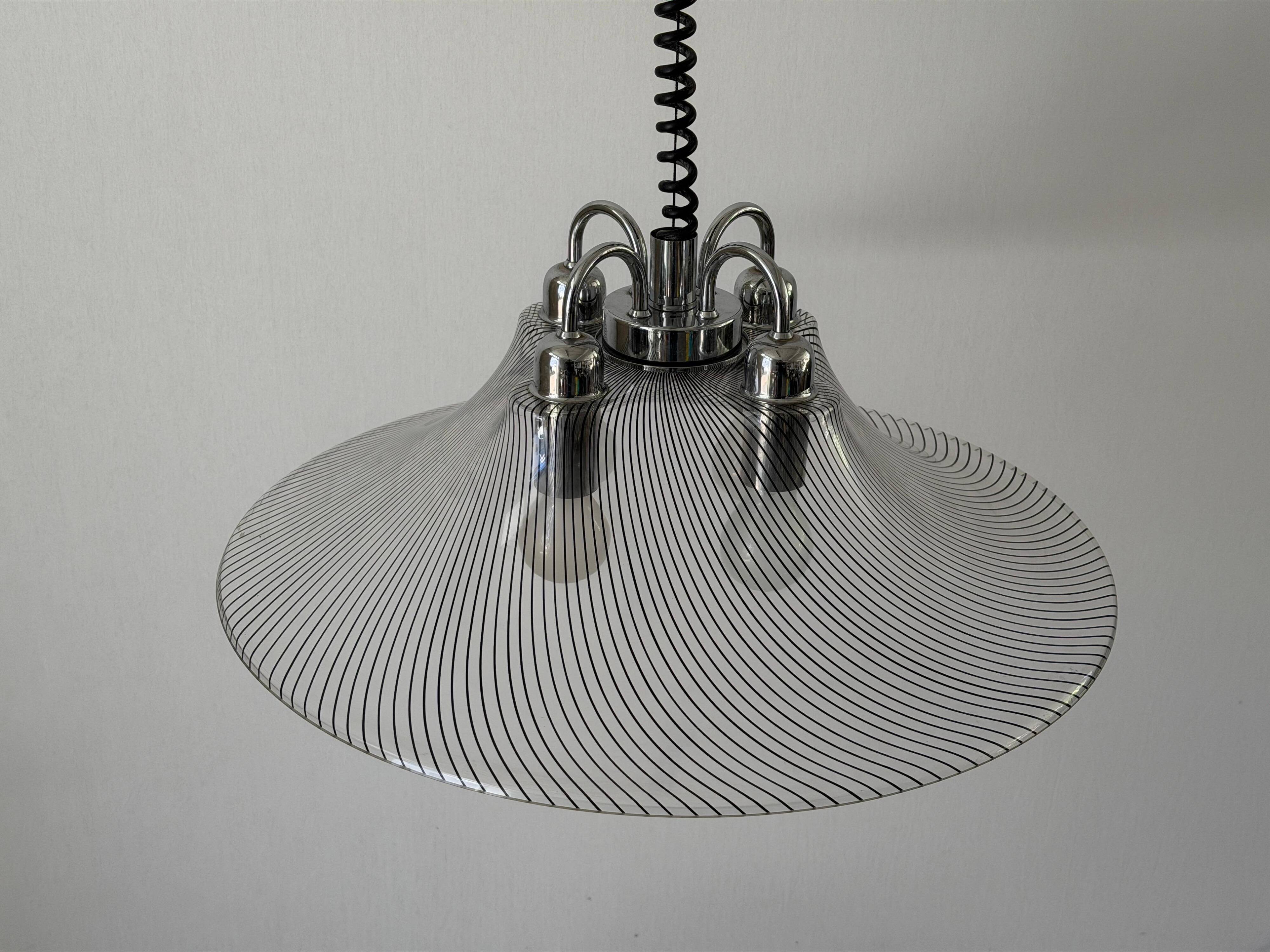 Suspended lamp with 4 sockets, chrome body and plexiglass shade, 1970s, Germany.
