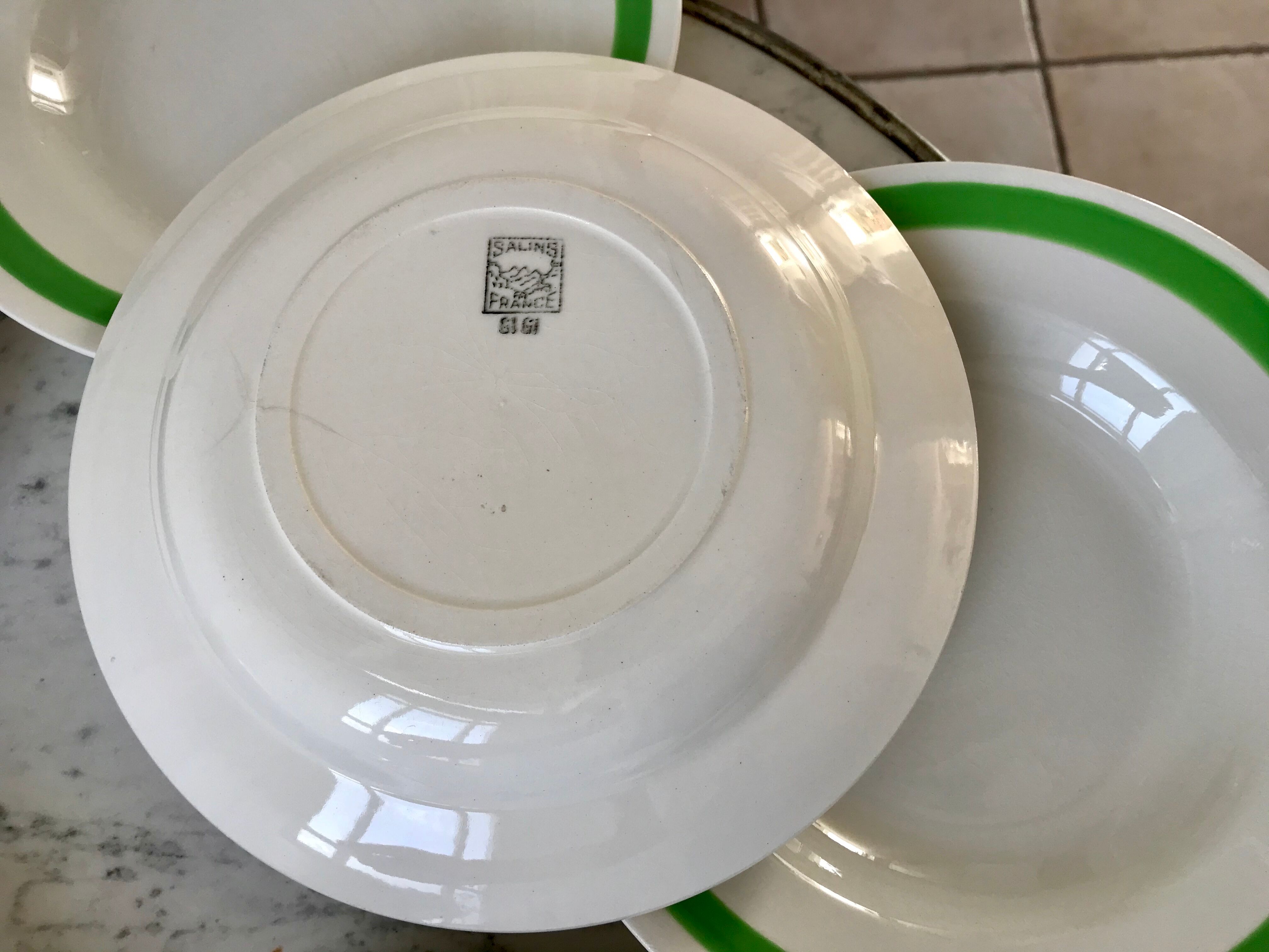 Set of 6 green and pink hollow plates Salins and Niderviller 40s