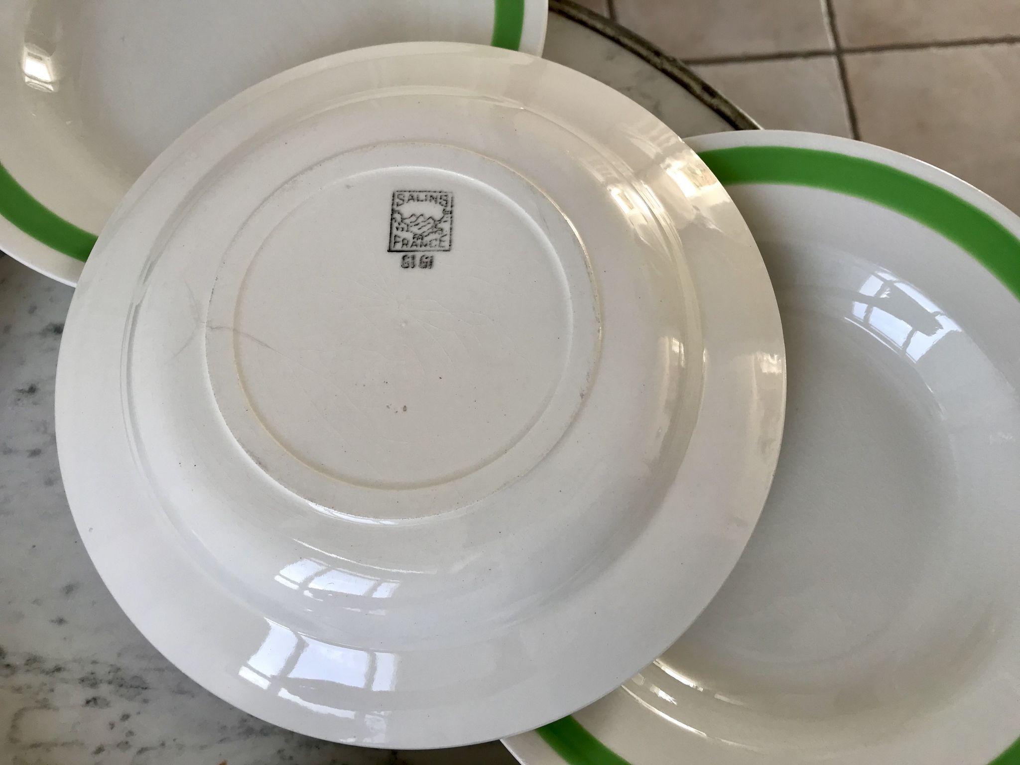 Set of 6 green and pink hollow plates Salins and Niderviller 40s