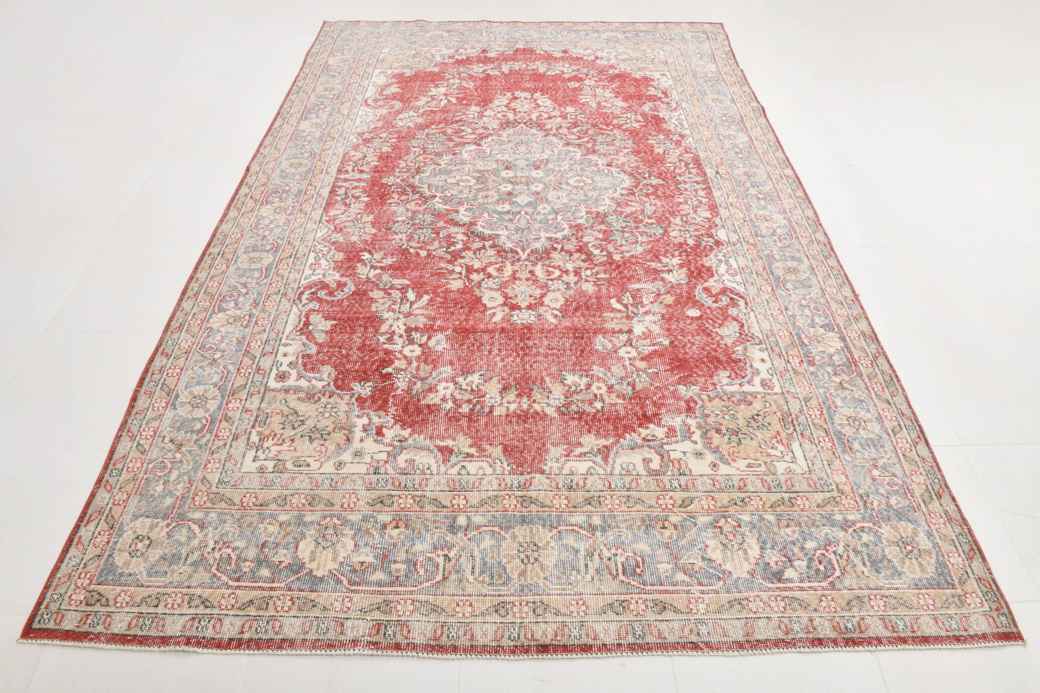 7x10 Faded Red Area Vintage Persian Rug, 199x311 Cm