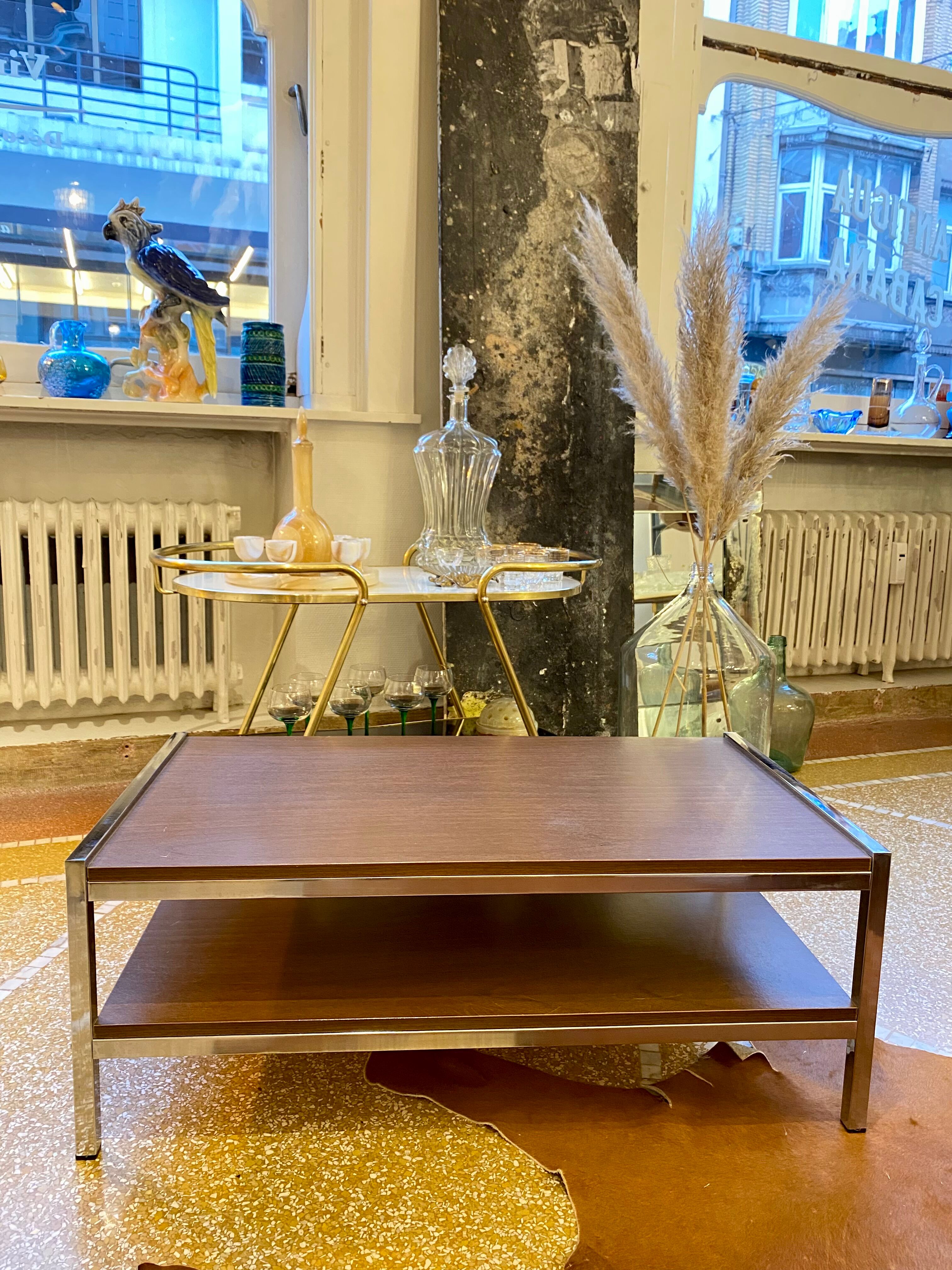 Coffee table in wood and chrome metal from the 70s