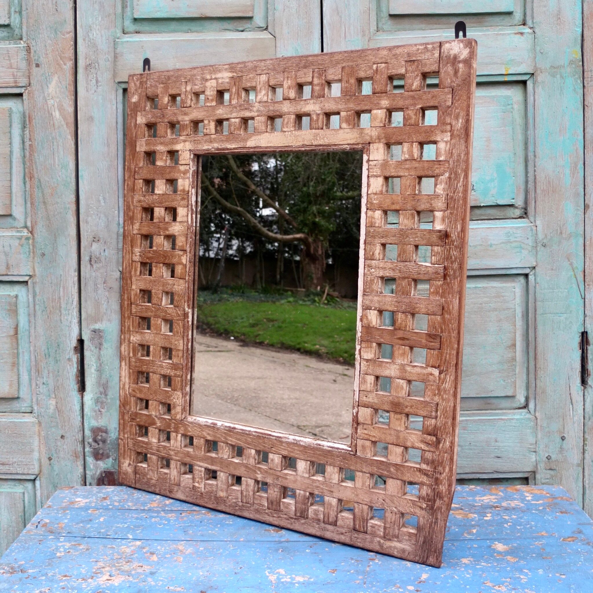 Antique indian wooden fretwork mirror frame