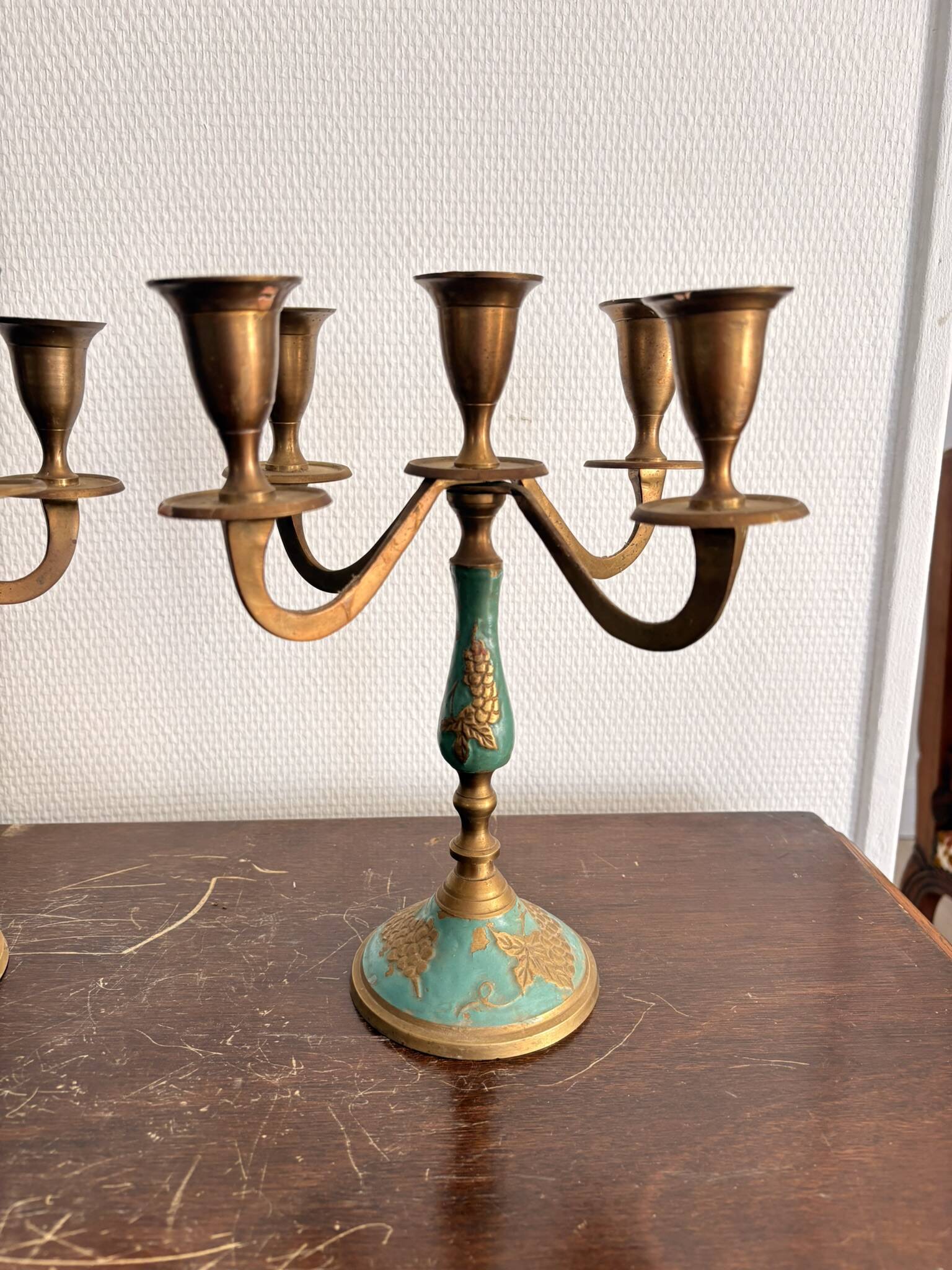Antique Pair of Candle Holders Chandelier 5 Arms Gilded Brass Enamelled Blue