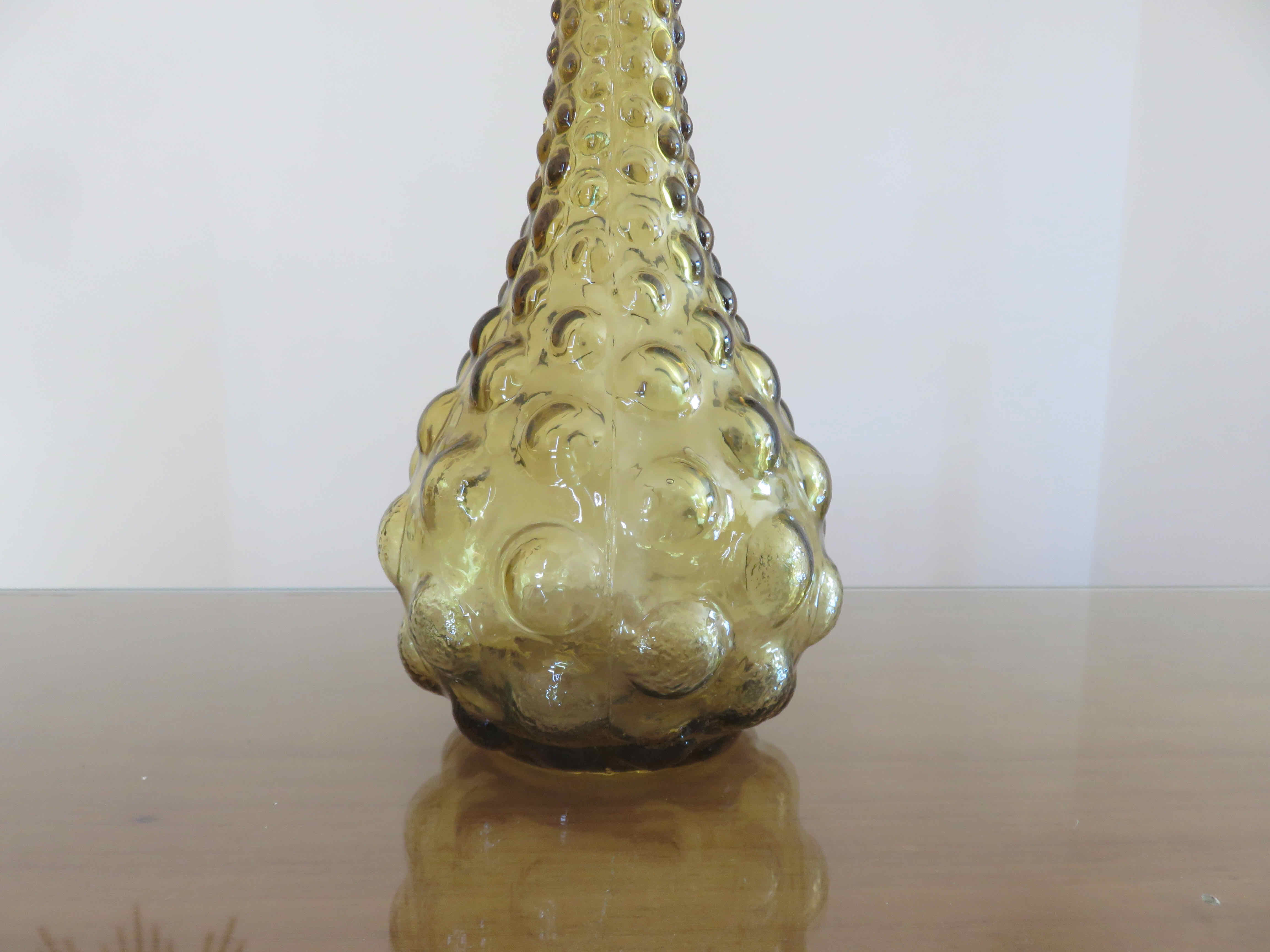 Bottle, carafe, Empoli, Italy, yellow bubbled glass, 60s 70s