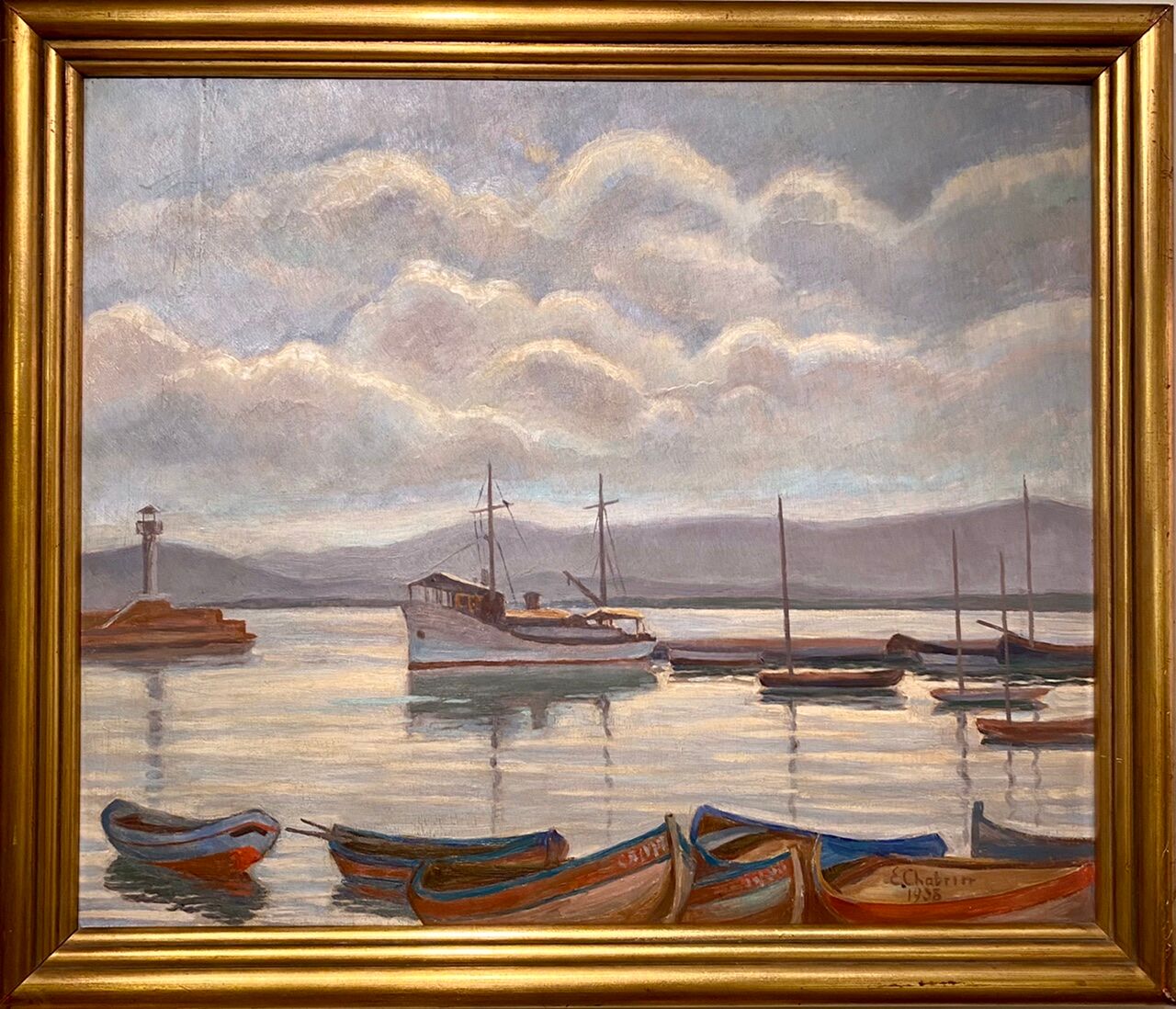 Old painting, Marine, signed E Chabrier and dated 1938