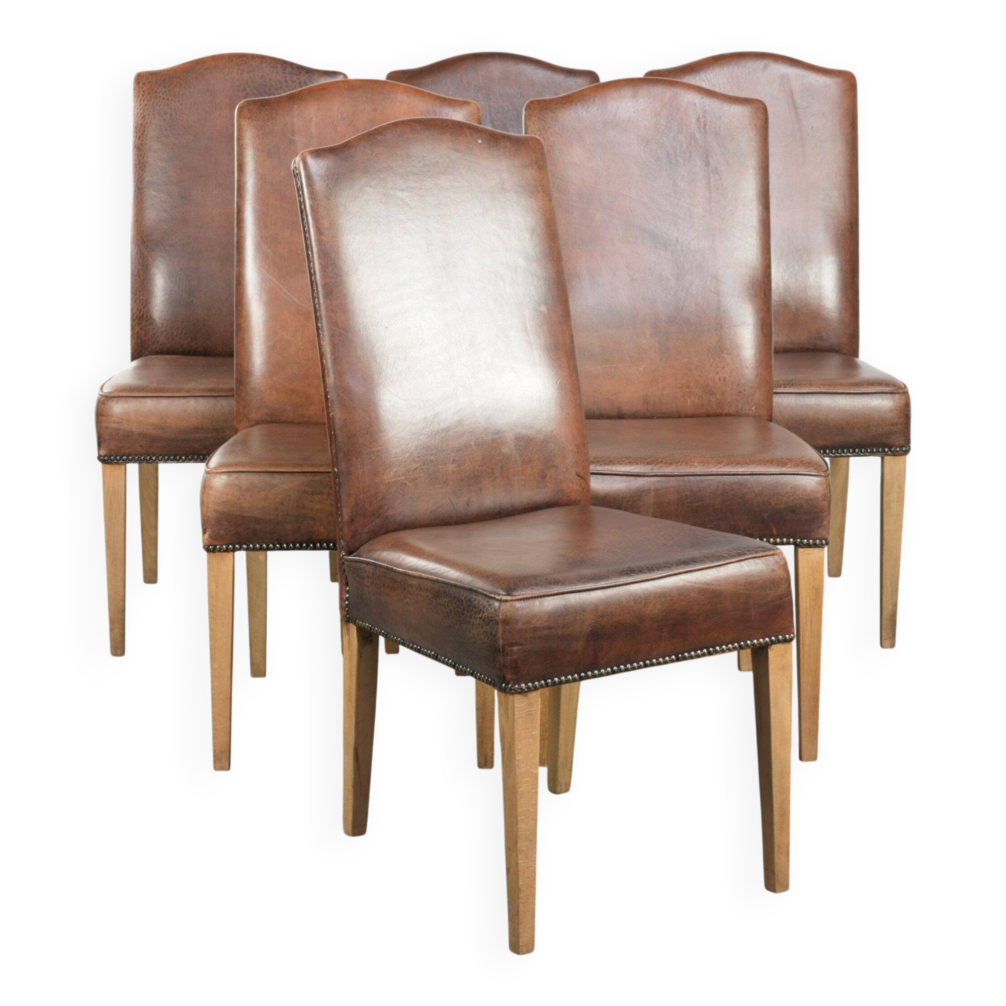 Set of 6 vintage dining chairs made of sheepskin leather with a high back