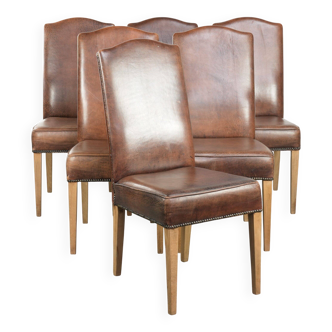 Set of 6 vintage dining chairs made of sheepskin leather with a high back