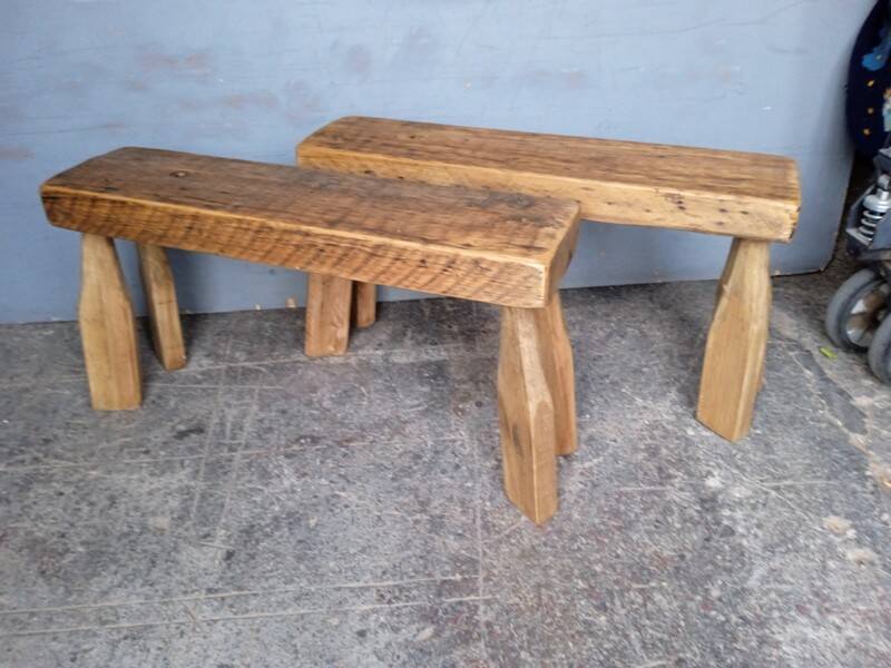 Pair of 2 patinated solid wood benches / stools