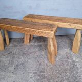Pair of 2 patinated solid wood benches / stools
