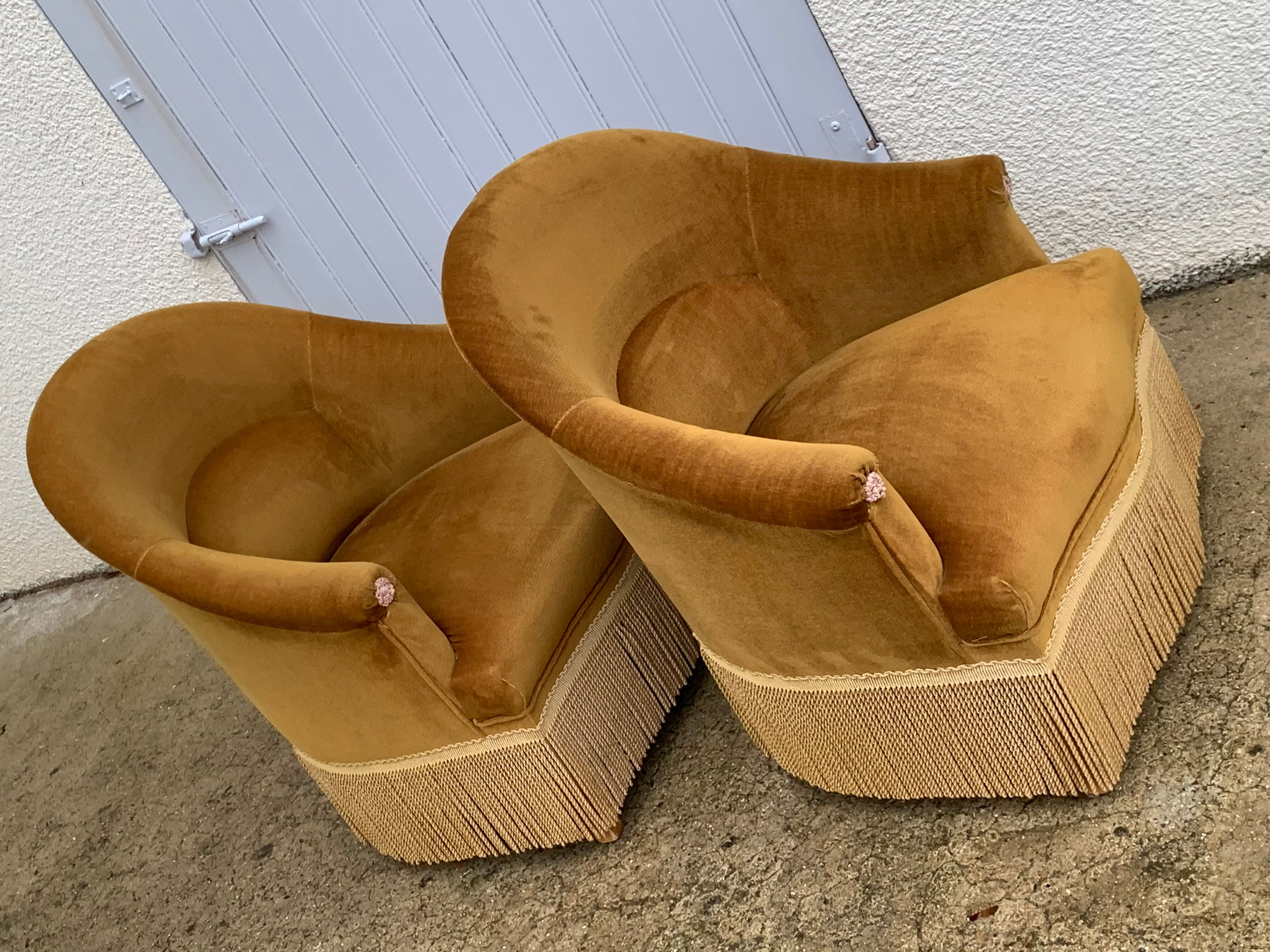 Pair of golden velvet toad armchairs 1970