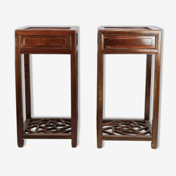Set of chinese side tables with drawer in polished dark wood