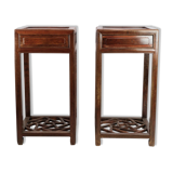 Set of chinese side tables with drawer in polished dark wood