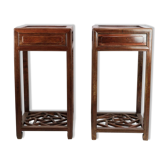 Set of chinese side tables with drawer in polished dark wood