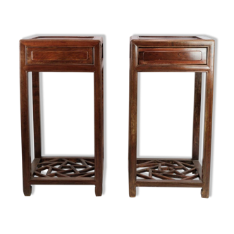 Set of chinese side tables with drawer in polished dark wood