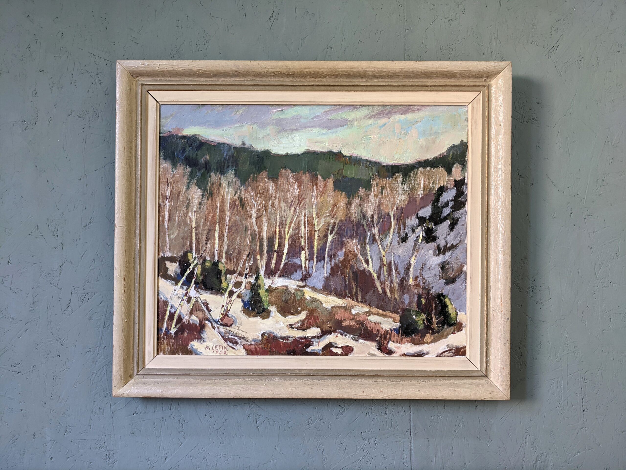 1952 Mid-Century Modern Swedish "Alp Trees" Vintage Winter Landscape Oil Painting, Framed