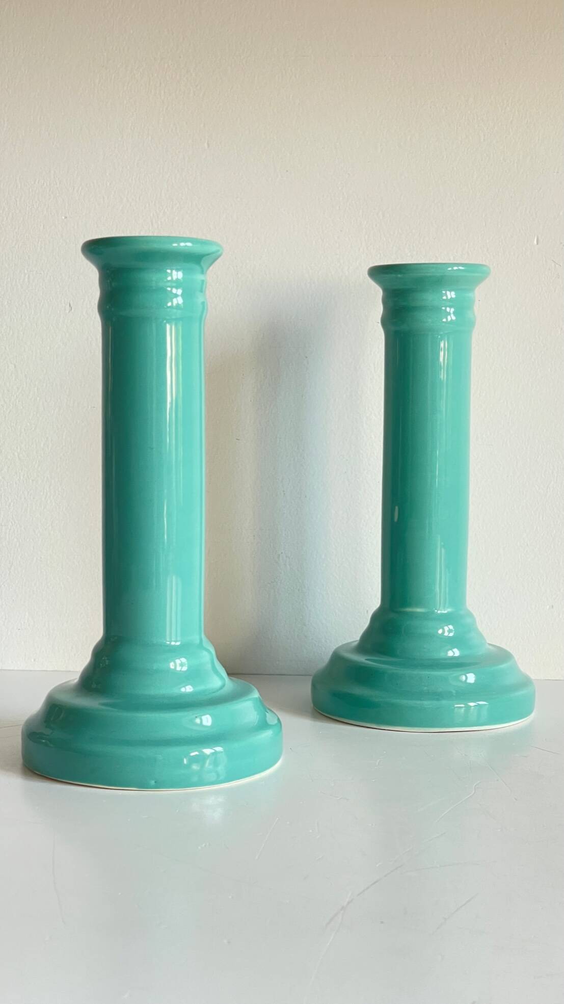 Pair of vintage ocean blue ceramic candlesticks