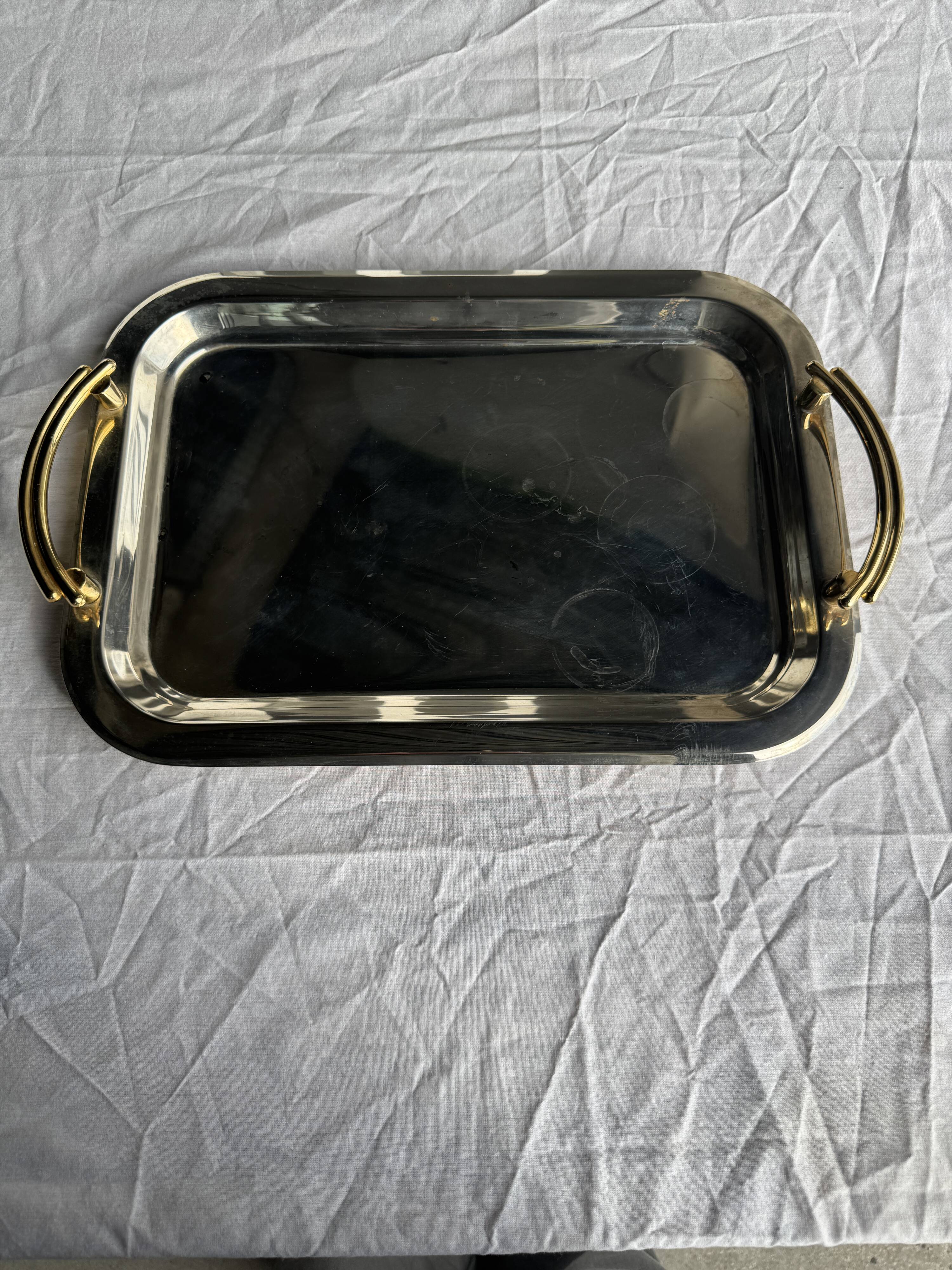 Silver-plated vintage tray with golden handles 29x45