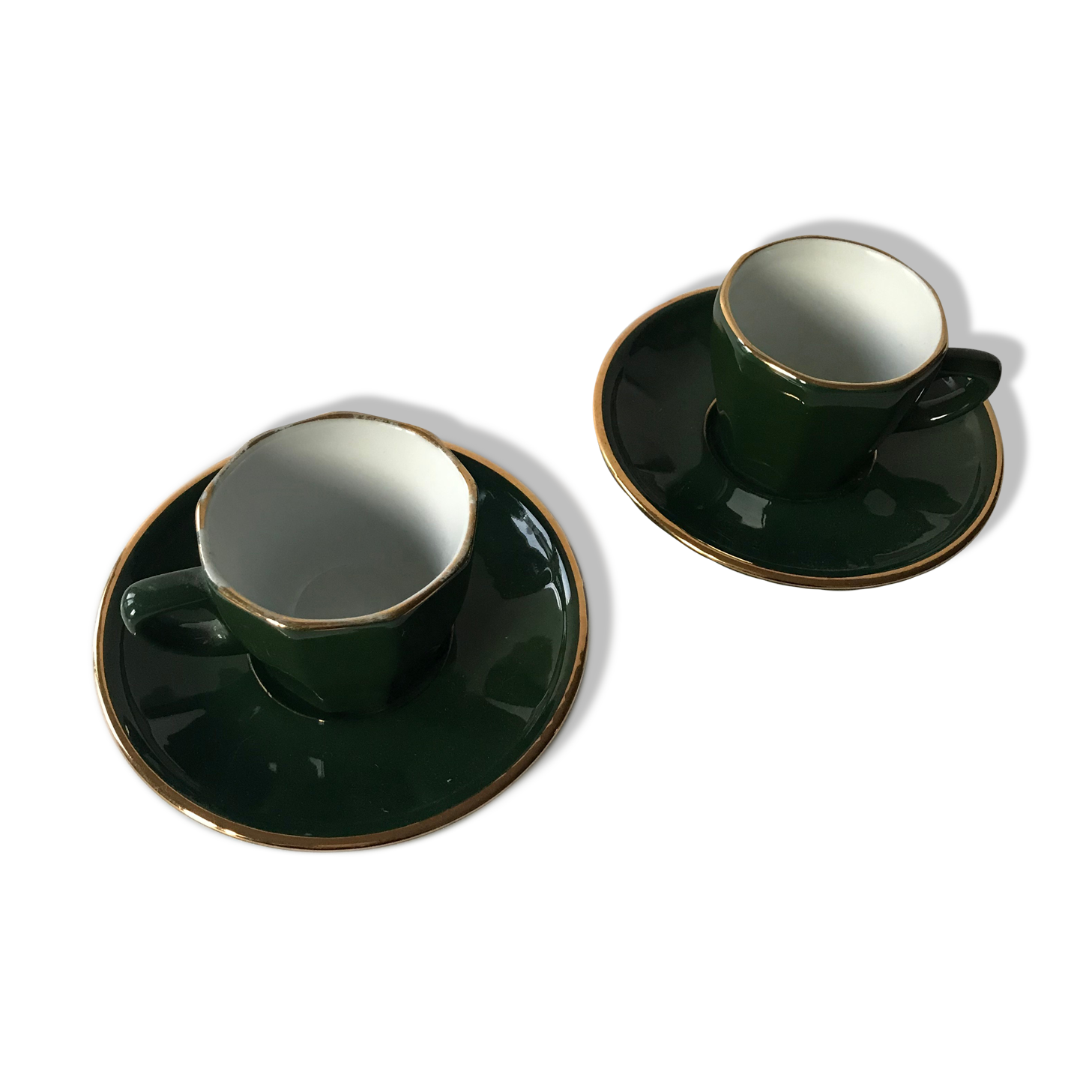 2 cups bistro in green and gold porcelain