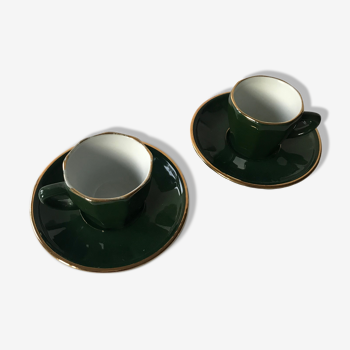 2 tasses bistrot en porcelaine verte et or