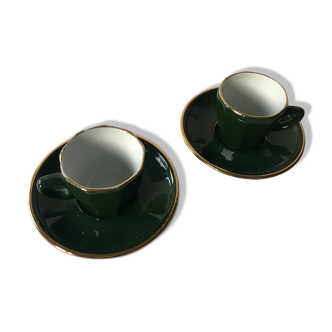 2 cups bistro in green and gold porcelain