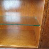 Renovated oak display cabinet with a bar on slanted legs