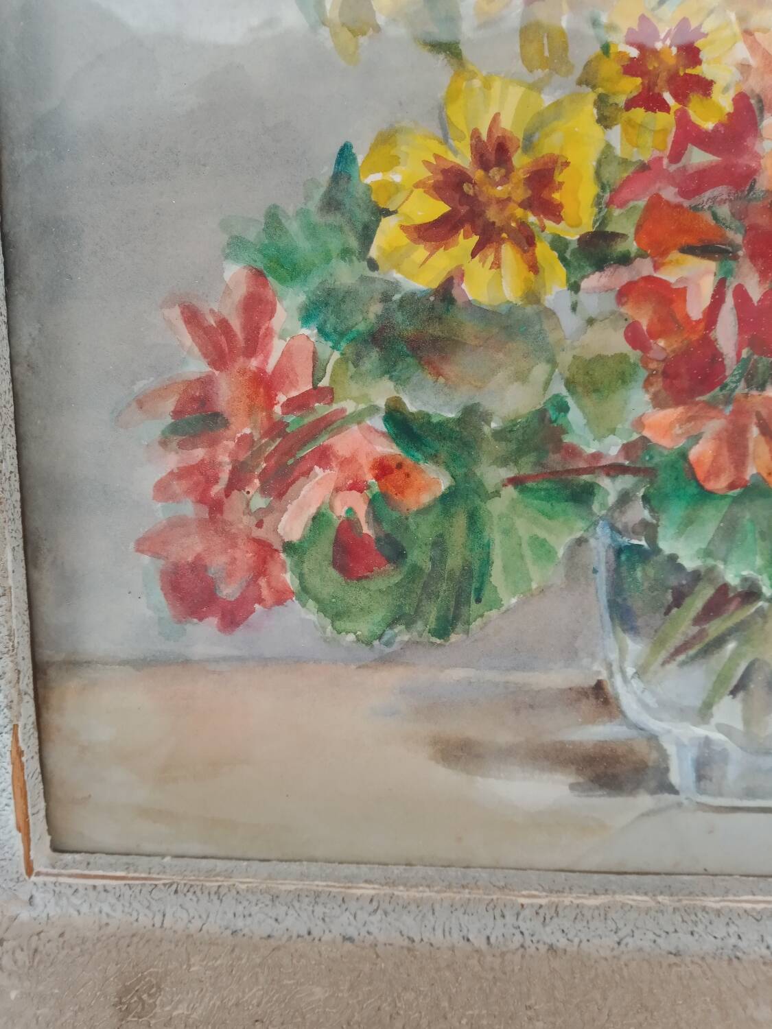 Watercolor painting bouquet of flowers signed old