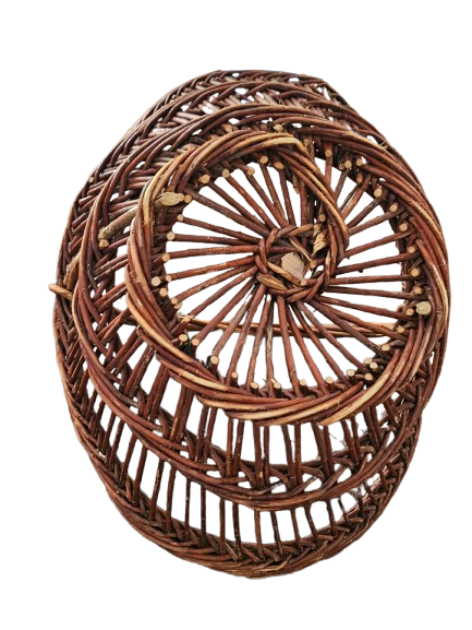 Vintage wicker basket with openwork, sun weaving and large handle.