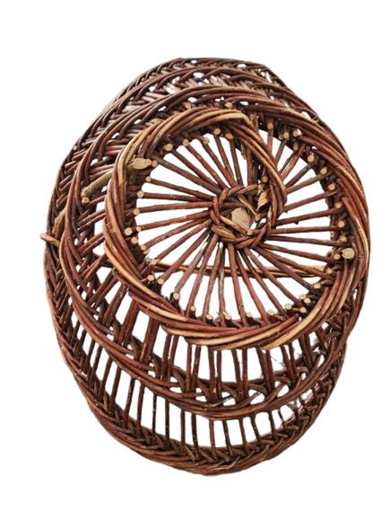 Vintage wicker basket with openwork, sun weaving and large handle.