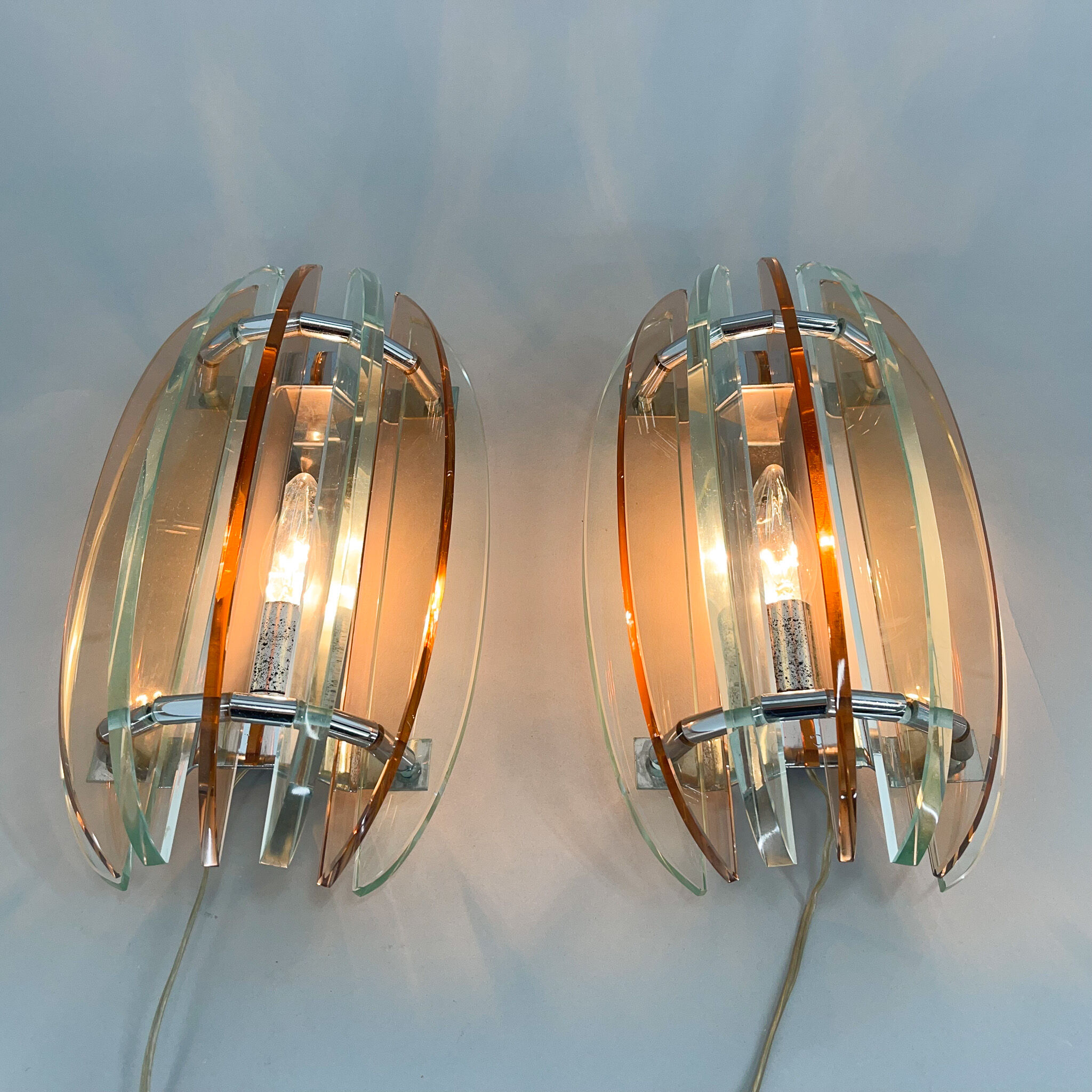 Pair of Italian Murano Glass & Chrome Sconces by Veca, Marked