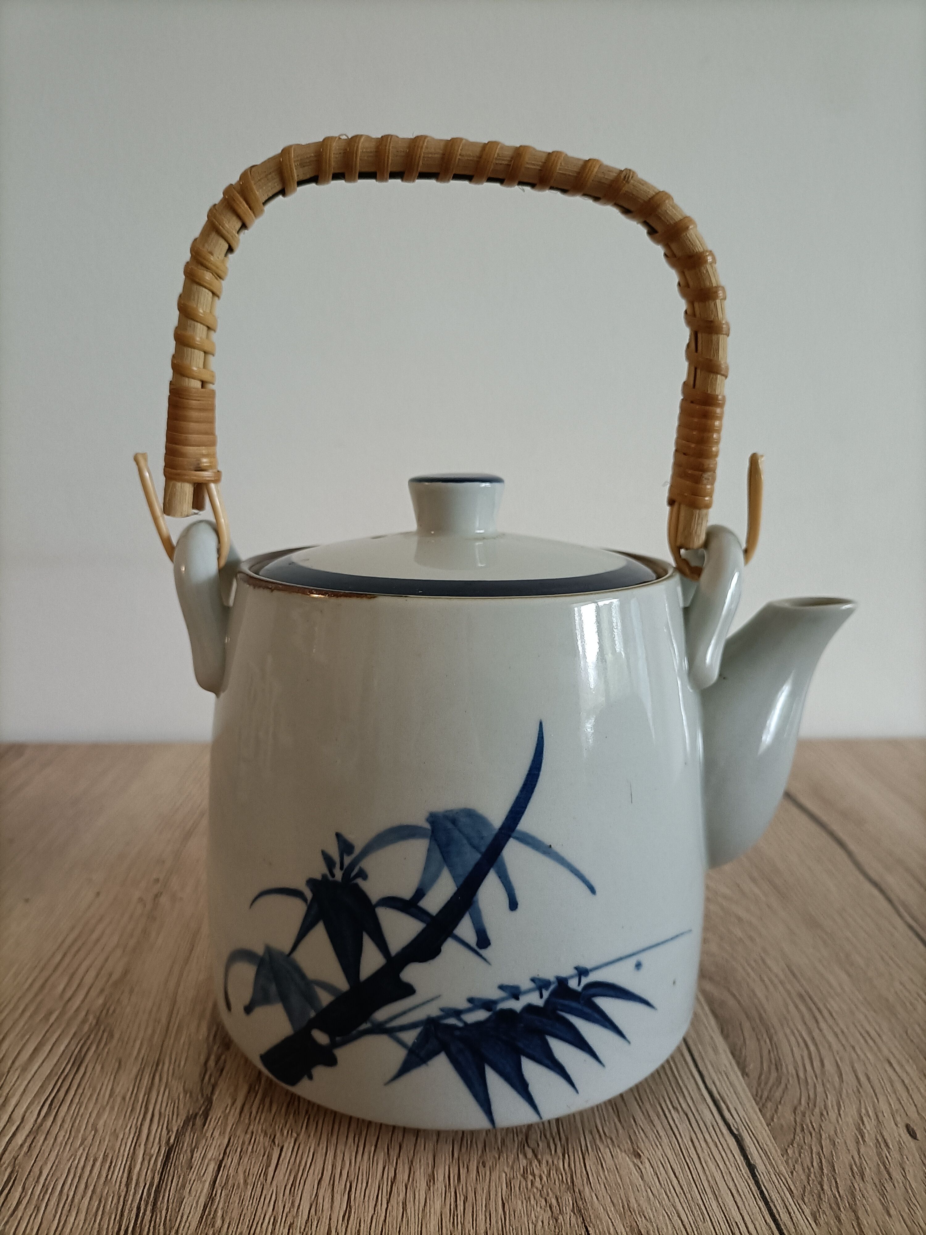 Japanese-inspired ceramic teapot blue bamboo pattern