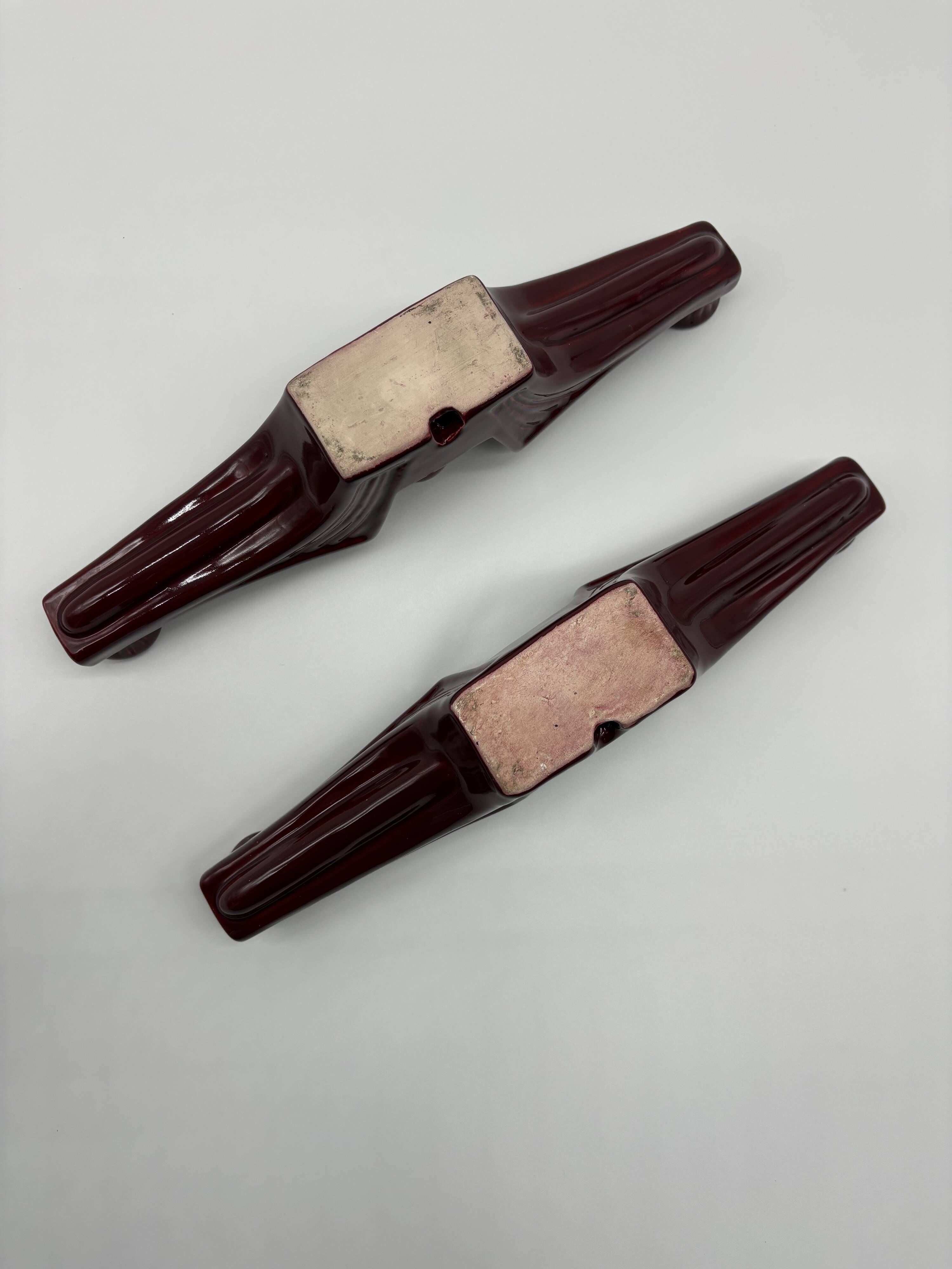 Pair of Art Deco Saint Clément candlesticks, burgundy earthenware, vintage, 3 lights.