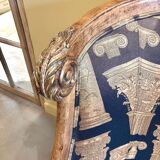 Armchair in a wooden confessional style with black and beige cotton.