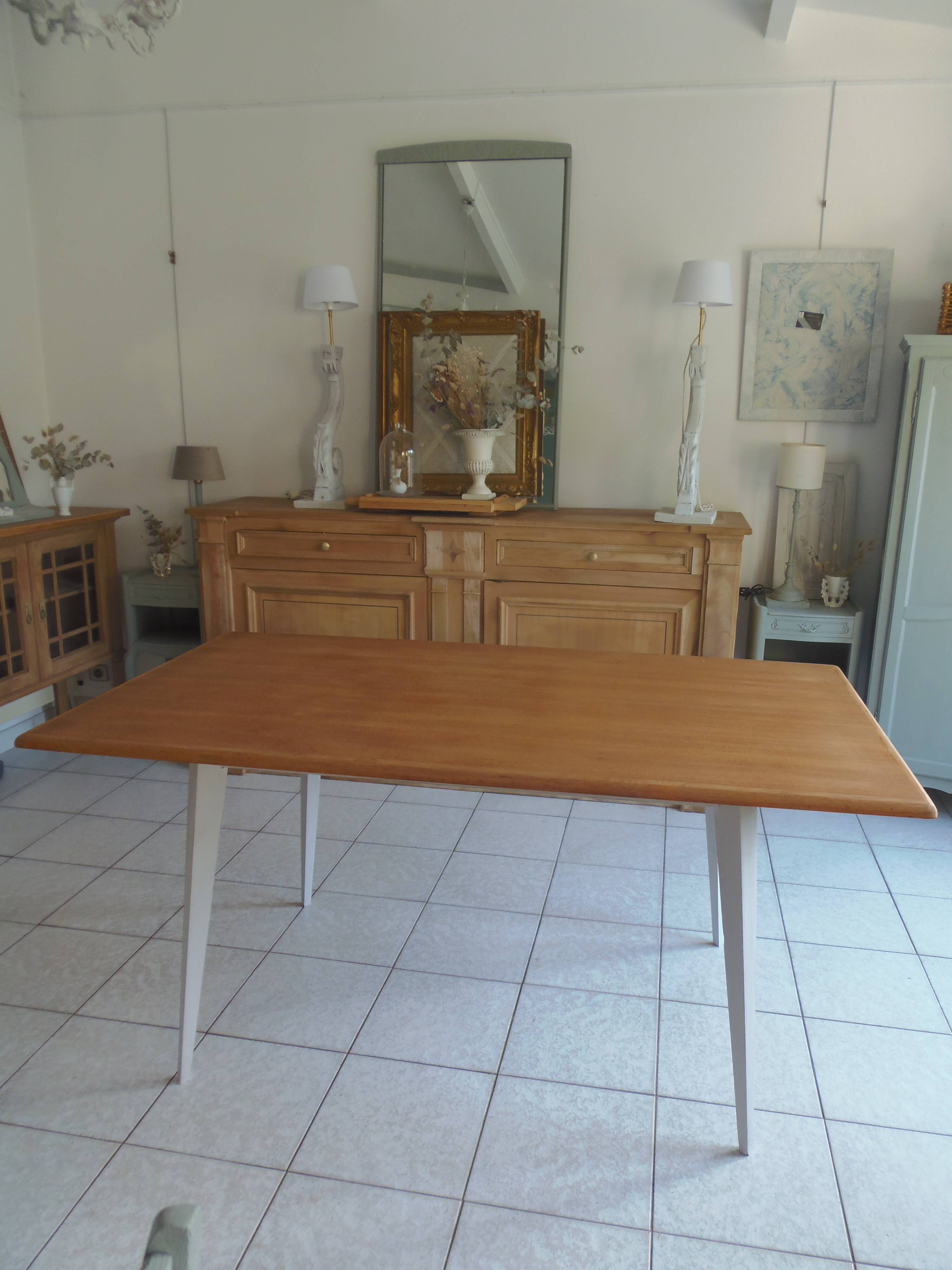 Vintage belt table and pearl gray compass base, wooden top