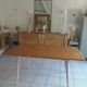 Vintage belt table and pearl gray compass base, wooden top