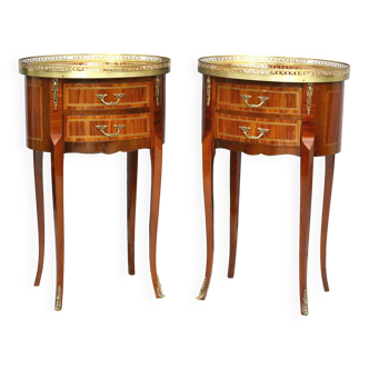 Pair of louis xv/louis xvi transition style marquetry bedside or living room tables