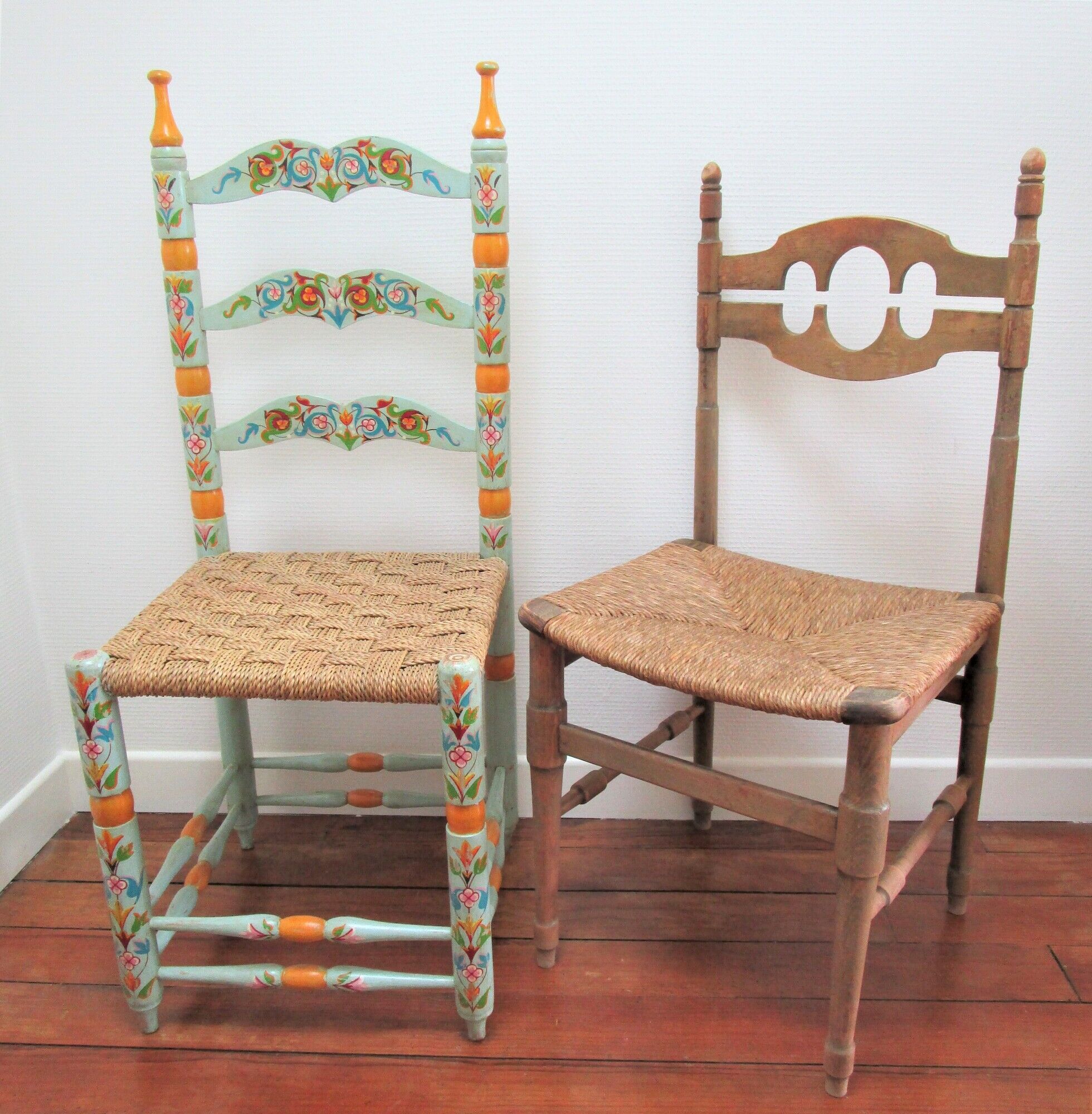 Two chairs patinated polka dots and painted wood folk art seat vintage straw