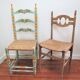 Two chairs patinated polka dots and painted wood folk art seat vintage straw