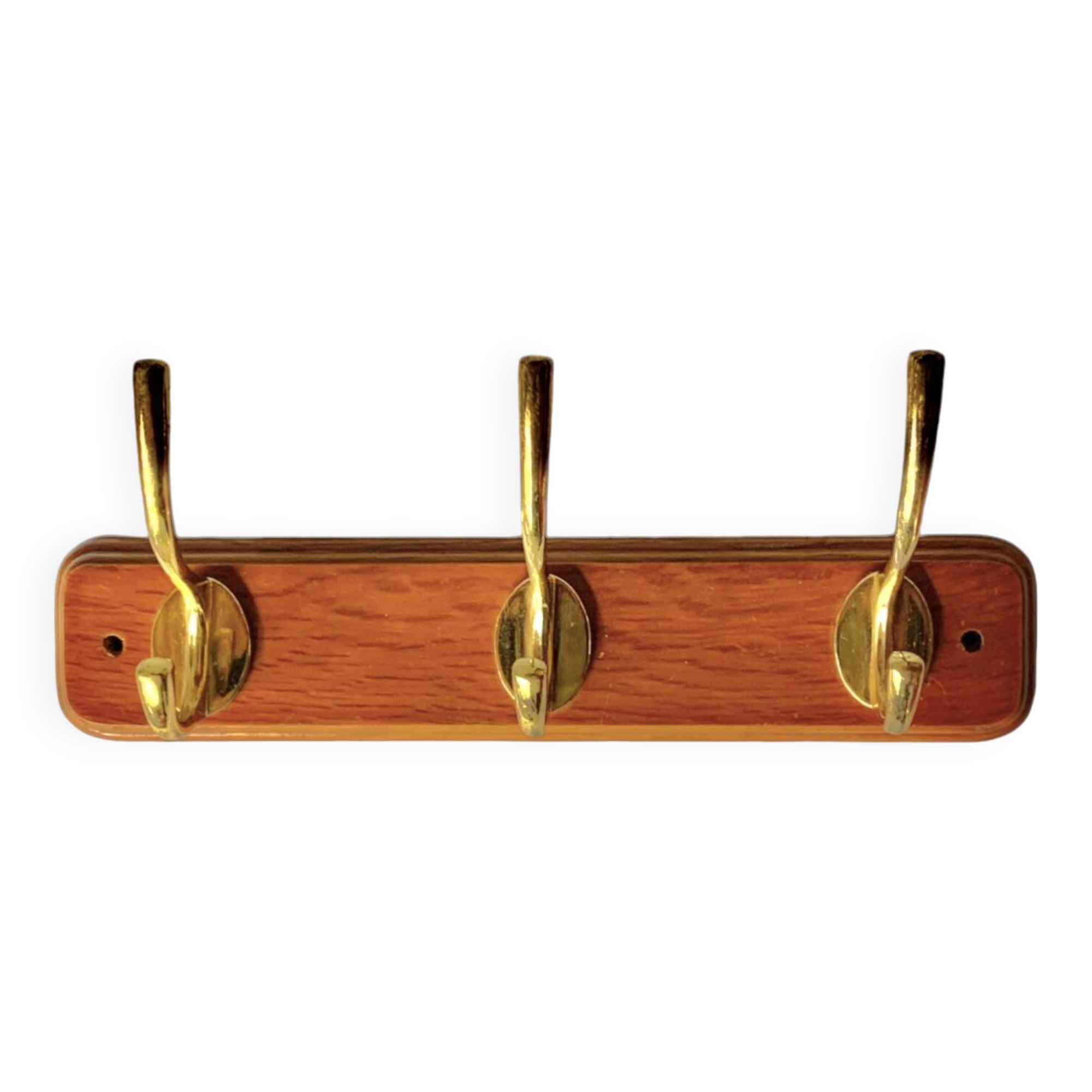 Vintage wall coat rack in lacquered wood - 3 golden hooks