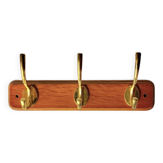 Vintage wall coat rack in lacquered wood - 3 golden hooks