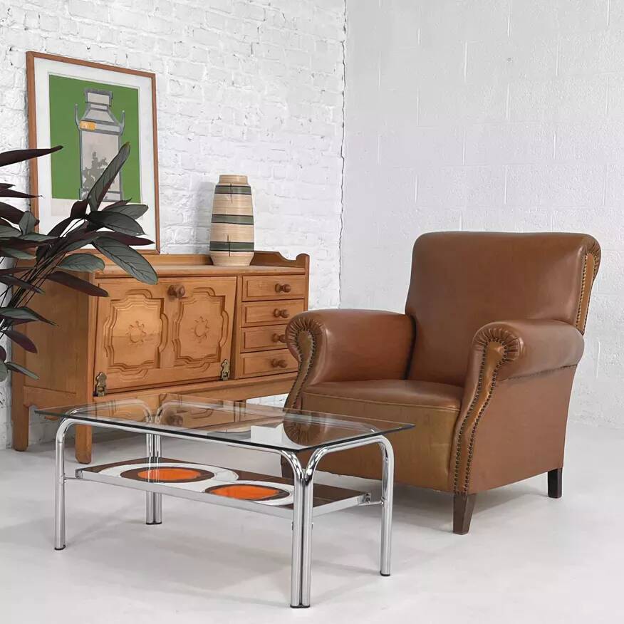 50s club armchair in imitation leather and wood