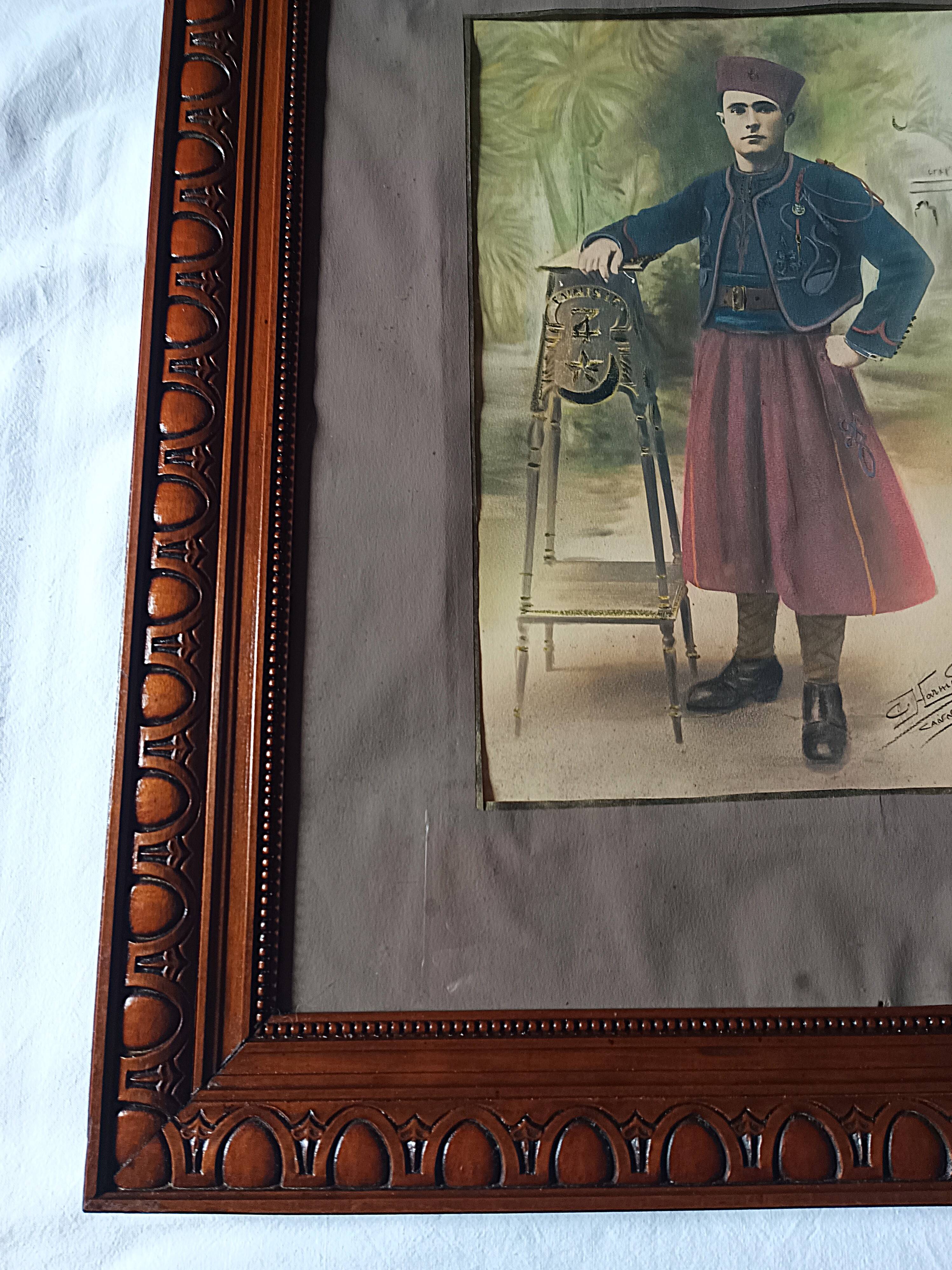 Framed Militaria 1932 large portrait of a Tunisian sharpshooter signed 66 cm X 55 cm