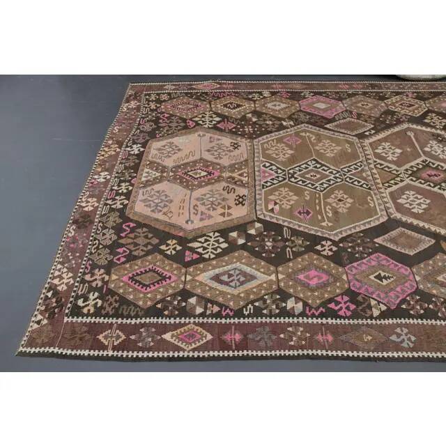 Vintage Turkish Oushak Handmade Wool Cotton Brown Runner Rug 188x416