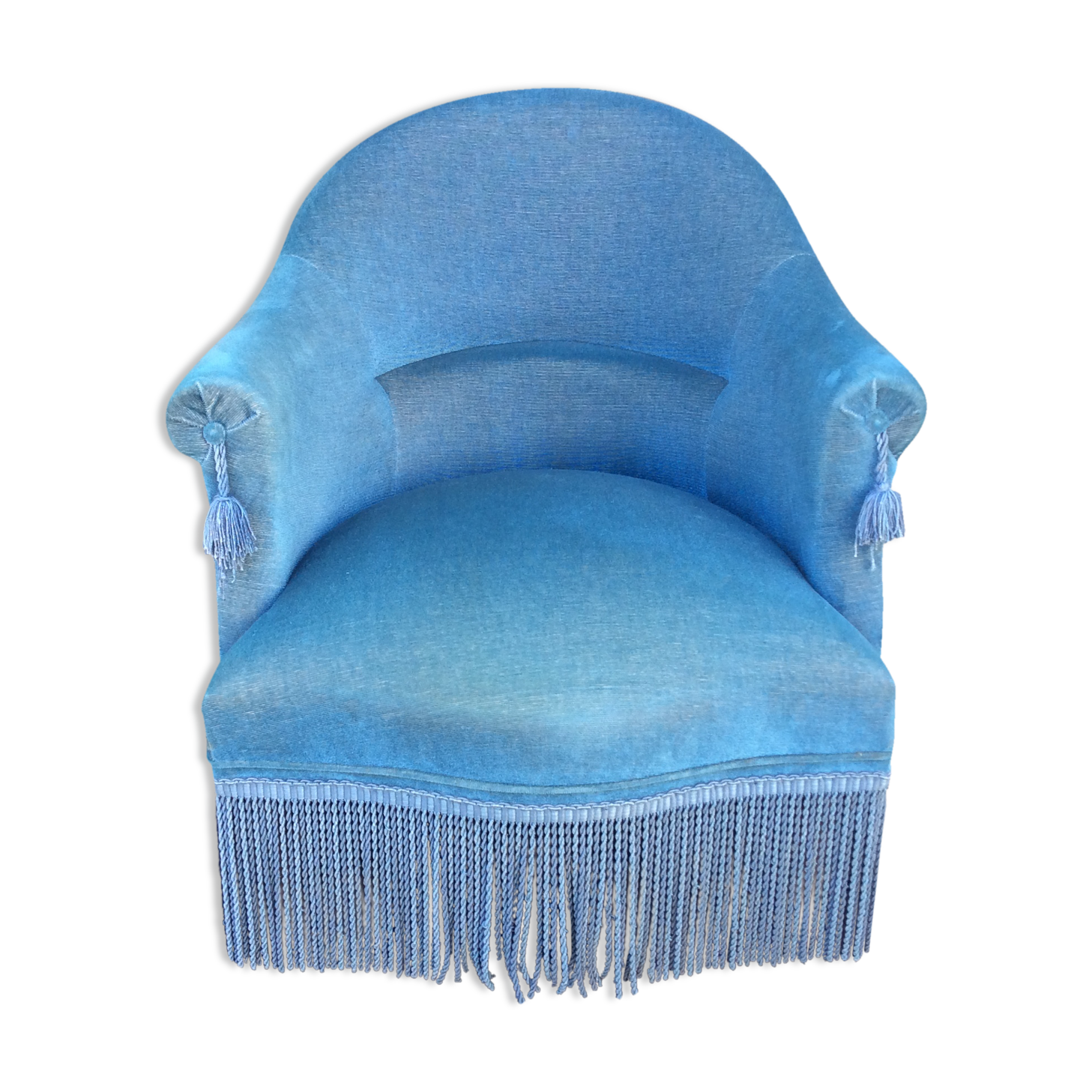 Fauteuil crapaud vintage solitaire à velours bleu | Selency