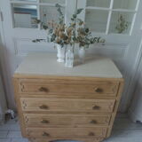Vintage oak chest of drawers, a travertine plate laid for tray.